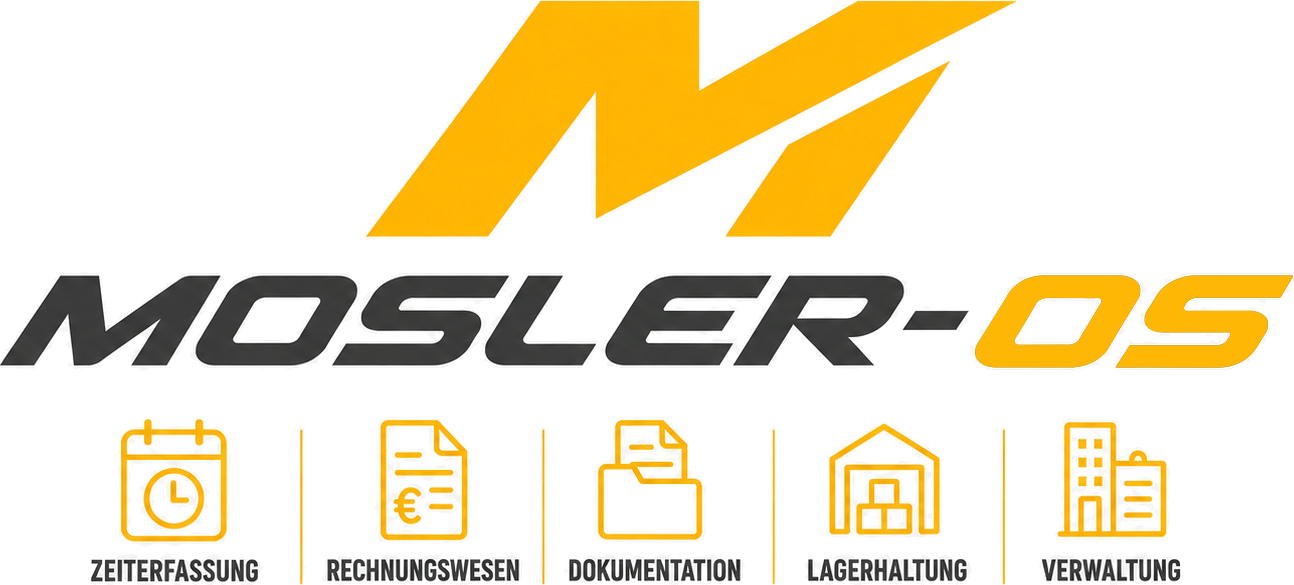 Mosler-OS Funktionsübersicht mit Zeiterfassung, Rechnungswesen, Dokumentation, Lagerhaltung und Verwaltung